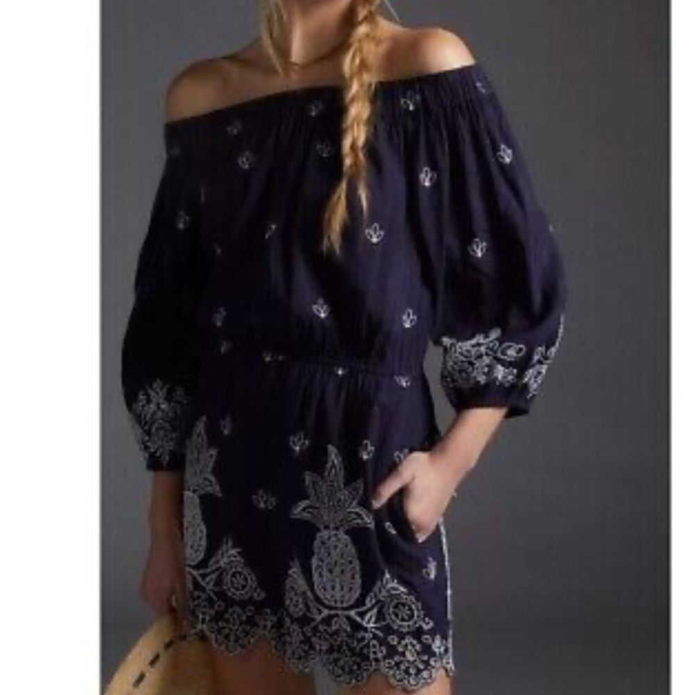 NWT FARM Rio Navy and White Off-Shoulder Jumpsuit